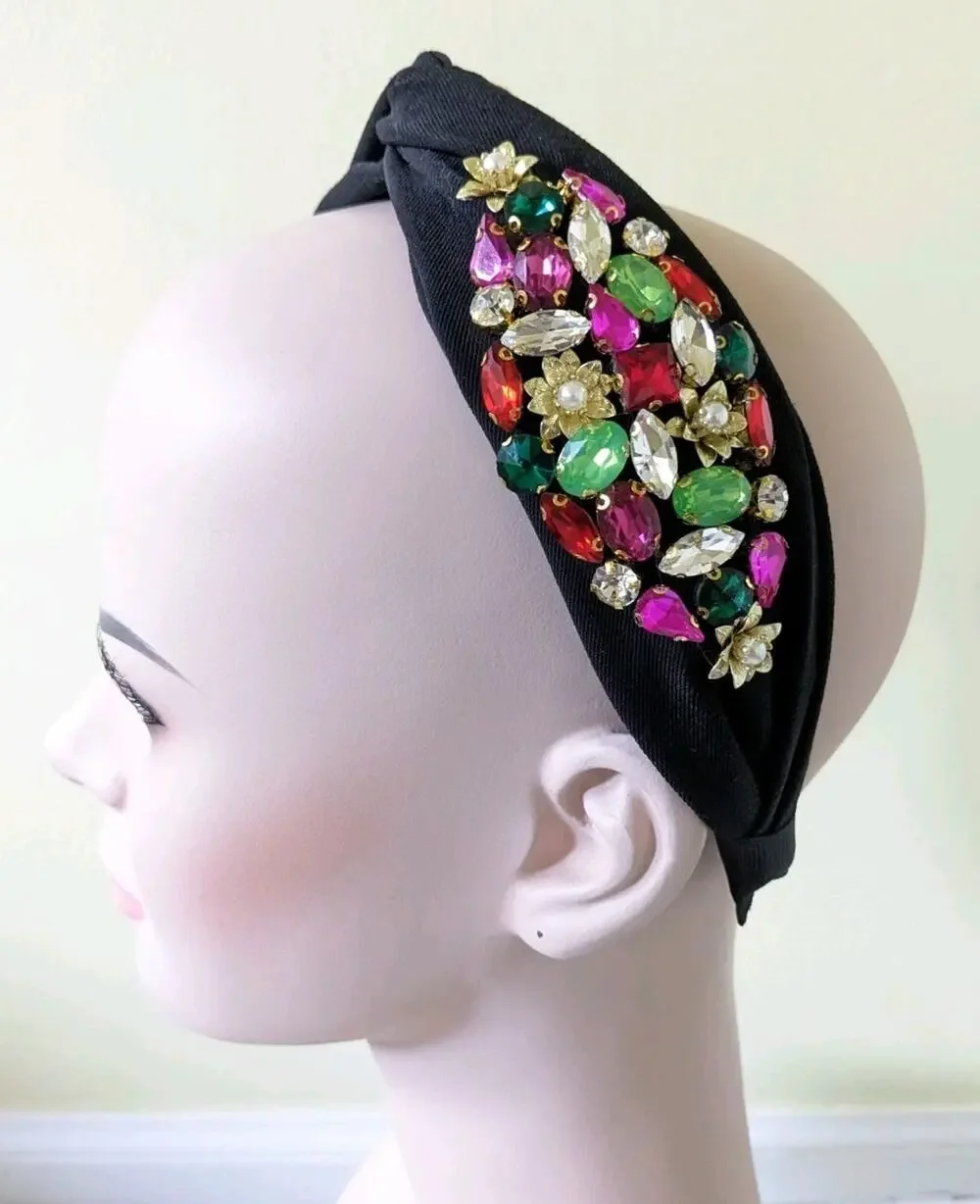 Elegant Black Jeweled Headband Multicolor Stones Rhinestones New Bling Party